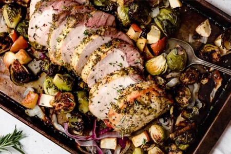 One-Pan Pork Loin with Brussels and Apples Recipe